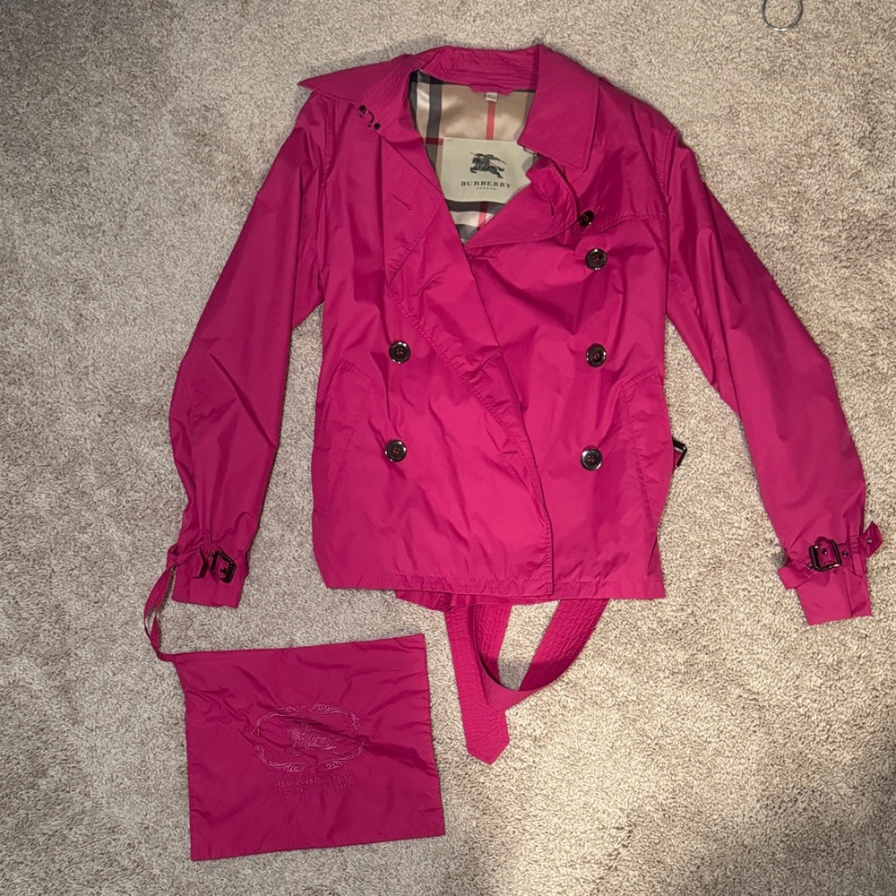 Burberry Fuchsia Double-Breasted Windbreaker Jacket with Pouch